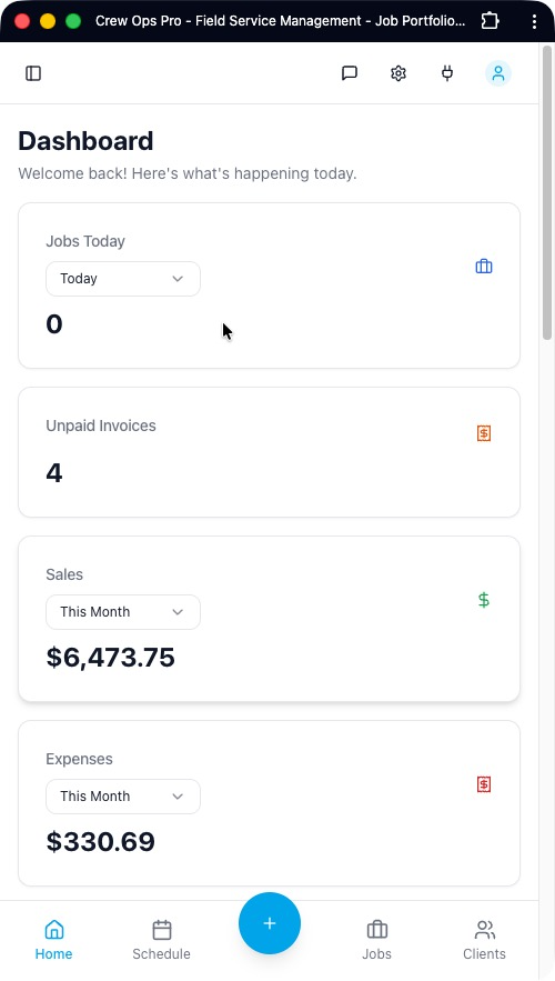 CrewOpsPro mobile dashboard showing jobs today, unpaid invoices, sales, and expenses
