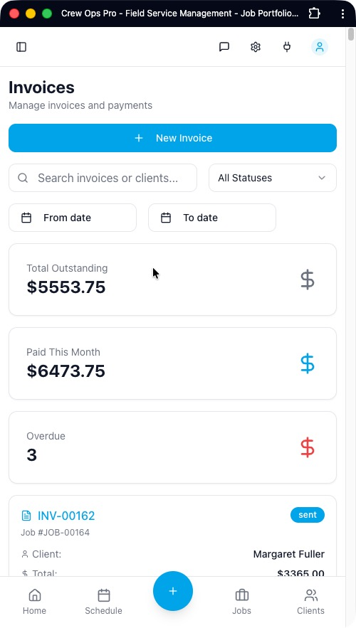 Invoices with outstanding, paid this month, and overdue totals