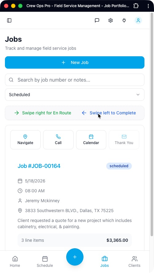 Jobs list with status filters and swipe-to-update actions