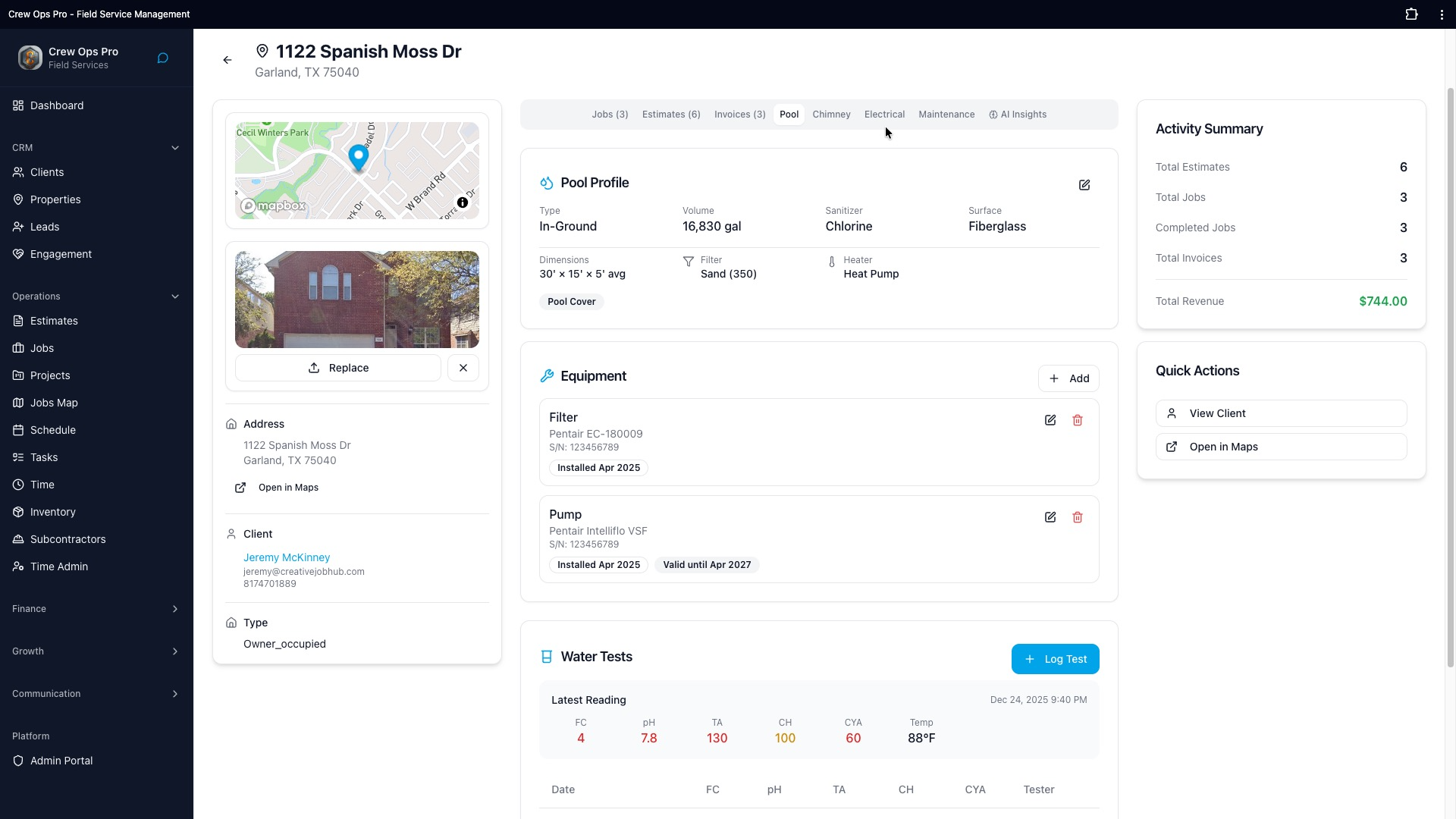 CrewOpsPro pool profile with equipment, water chemistry tests, and pool specs